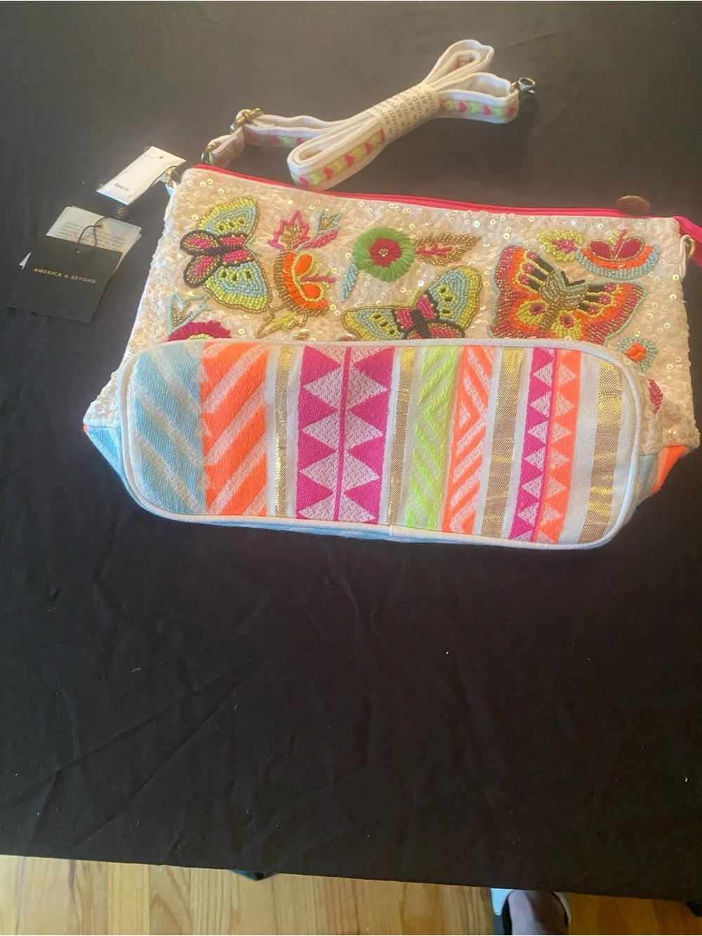 America & Beyond White Beaded Butterfly Crossbody Bag